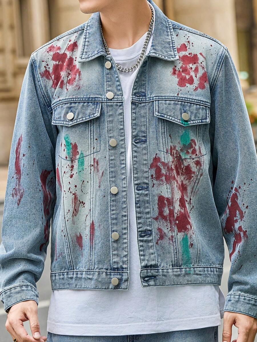 Manfinity Roghcode Men's Contrast Graphic Print Button Front Pocket Long Sleeve Denim Jacket - Blue - View 1