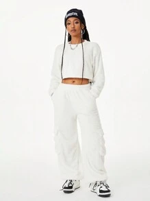 SHEIN EZwear Bộ quần áo nỉ dài tay rộng rãi lót nhiệt cho nữ - trắng - Xem 3