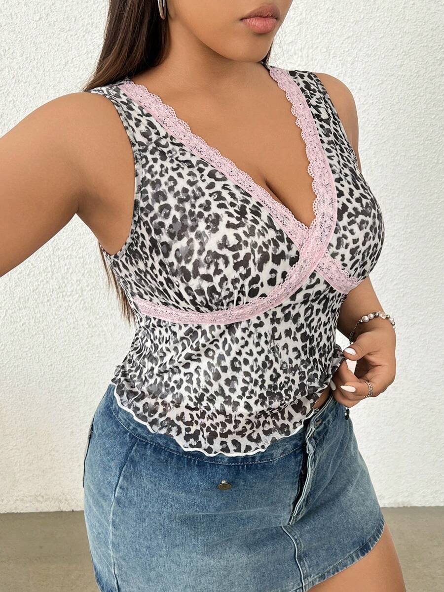 SHEIN EZwear Plus Size Leopard Print Mesh Lace Trim Cami - Brown - View 1