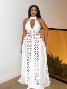 Slaydiva Plus Size White Lace Floral Lightweight Cocktail Party Dress - White - View 1