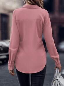 EMERY ROSE 纯色前扣领休闲长袖衬衫 - 藕粉色 - 查看 2