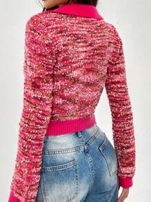 Chiquease Langarm V-Ausschnitt Pullover, Lässig Alltag, Strick Pullover Herbst Winter - Heißes Pink - Übersicht 2