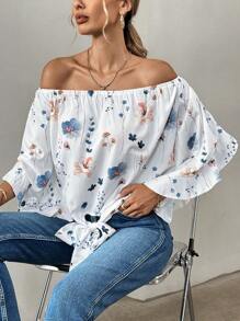 SHEIN LUNE Women's Resort Floral Print Long Sleeve Off Shoulder Shirt