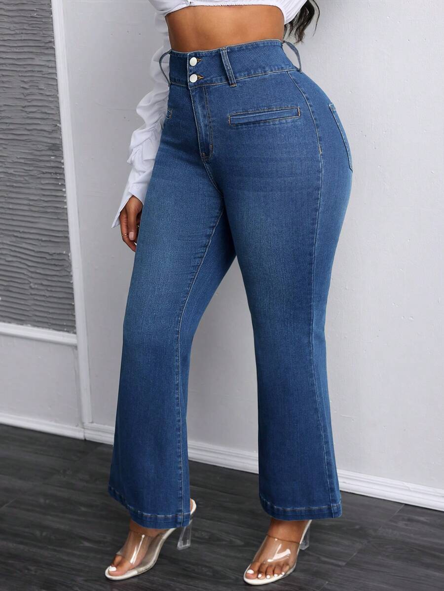 SHEIN SXY Plus Size Women Stretchy Sexy Figure-Flattering Flared Jeans