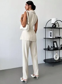 SHEIN Privé Conjunto de chaleco blazer sin mangas con detalles de botones en el cuello y dobladillo dividido, y pantalones de pierna ancha, diseño elegante para mujer