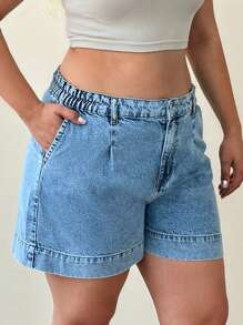 RueChic Plus Elastic Band And Back Pocket Detailed Short - Medium Wash - View 3