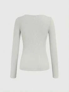 INAWLY Áo thun dài tay đơn ngực màu trơn thường ngày dành cho nữ - trắng - Xem 2