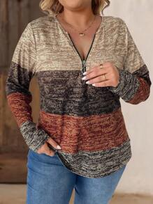 SHEIN LUNE Plus Size Women Christmas Women Outfit Brown Neckline Zipper Design T-Shirts Christmas Women's T Shirt