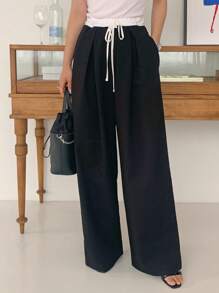 DAZY 女式撞色缝线腰带长裤 - 黑與白 - 查看 3