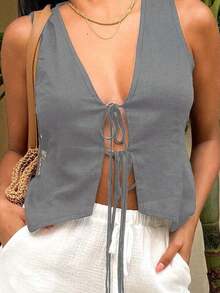 Ladies Summer Casual Solid Color Top Lace Up - Grey - View 3