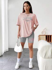 Flirla Casual Multicolor Letter Round Neck Drop Shoulder Tee With Bermuda Biker Shorts Two Piece Outfit For Women - Multicolor - View 5
