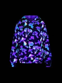 Flirla Black Fluorescent Mushroom Digital Print Hoodie Sweatshirt With Kangaroo Pocket And Drop Shoulder Casual Sports Wear,Long Sleeve Tops