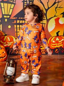 Newborn Baby Girl Halloween Graphic Print Jumpsuit, Casual Daily Wear, For Halloween Party