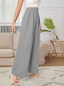 SHEIN PETITE High Waist Plicated Wide Leg Black Pants ,Petite Women - Grey - View 5