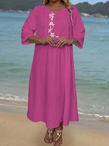 EMERY ROSE Plus Size Women Fashionable And Elegant Loose Fit Printed Round Neck Dress - Hot Pink - View 3