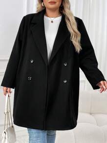 SHEIN CURVE+ Plus Size Clasi Lapel Neck Double Breasted Overcoat In Fall/Winter - Black - View 5