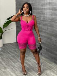 Slaydiva Seksowne, koronkowe kombinezony damskie z łączeniem biustu - Z - Wyrazisty róż - Zobacz 4