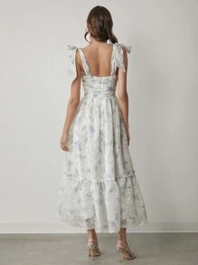 Enchnt Autumn Dress, Romantic Women's Strap Bow Design, Pleated Slim Fit, Elegant And Gentle Ruffled Flower Dress, Vacation Date Dress, - Blue and White - View 3