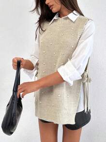 EURMUSE Round Neck Sleeveless Sweater With Pearls - Beige - View 4