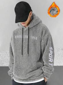 Manfinity Homme 超大码男士泰迪熊抽绳连帽卫衣，落肩字母刺绣，灰色连帽衫，男士套头连帽衫，男士冬季连帽衫，男士街头风连帽衫 - 淺灰色 - 查看 1