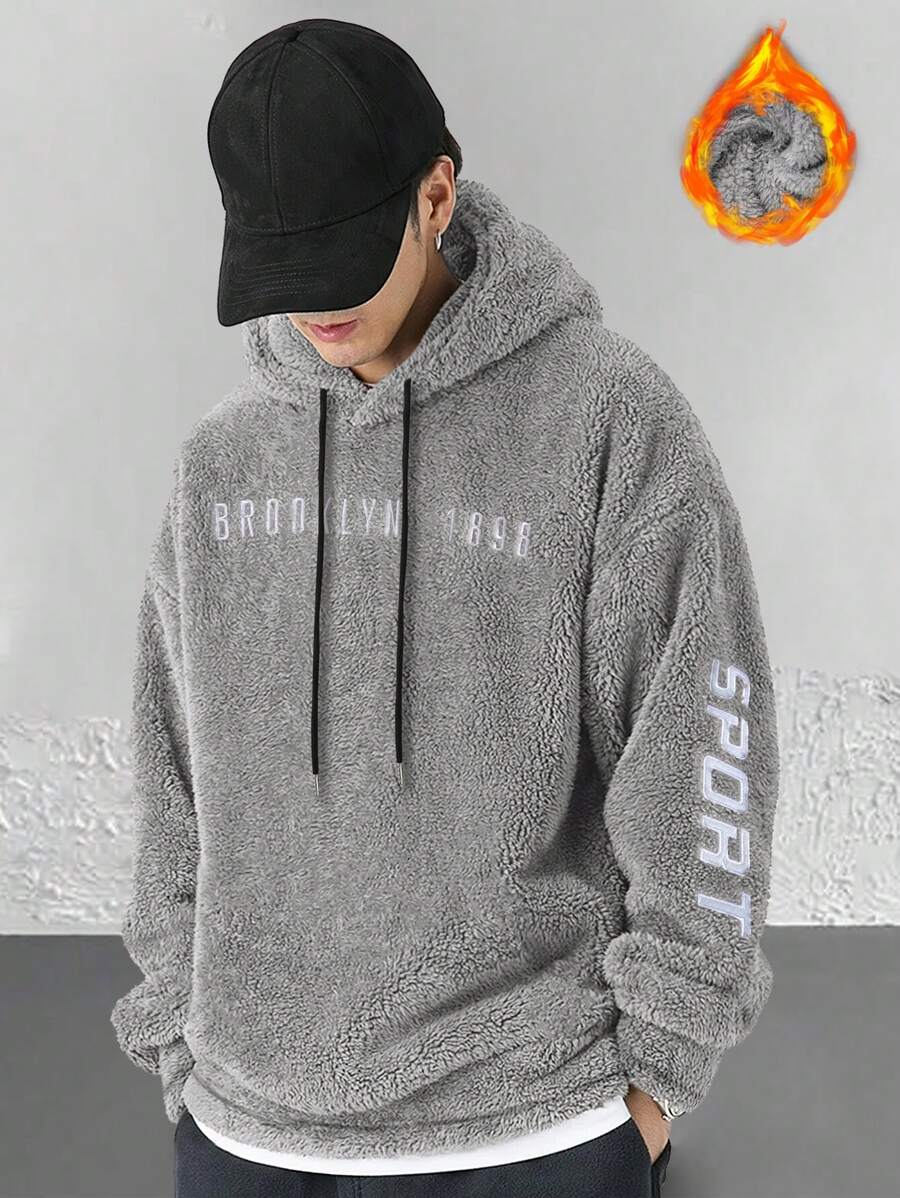 Manfinity Homme 超大码男士泰迪熊抽绳连帽卫衣，落肩字母刺绣，灰色连帽衫，男士套头连帽衫，男士冬季连帽衫，男士街头风连帽衫 - 淺灰色 - 查看 1