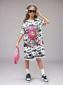 SHEIN Tween Girls' Cool And Sweet Sports Tie Dye Knitted Short Sleeve Dress For Spring/Summer - Multicolor - View 6