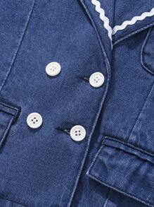 少女花卉刺繡牛仔夾克，圓領領口 - 中等水洗藍 - 查看 3
