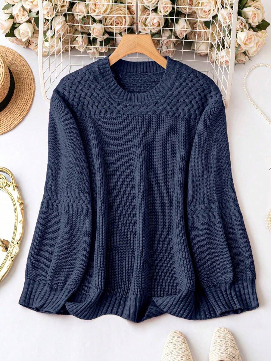 SHEIN LUNE Plus Size Casual Solid Color Round Neck Sweater, Spring & Autumn Knit Pullover Fall Winter - Royal Blue - View 1