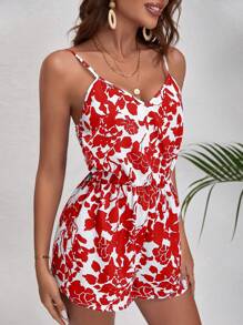 SHEIN VCAY Bộ đồ liền thân in hoa đi biển mùa hè cho nữ - Đỏ và trắng - Xem 5