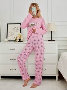 RueChic 100% Cotton 2Pcs  Bear Printed PJ Set - Pink - View 6