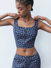 Maija Ladies Summer Geometric Print Zippered Short Fashion Tank Top - Blue - View 6