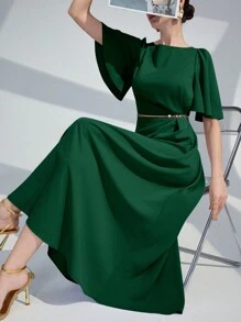 Modelyn Vestido largo de noche de mujer de manga corta con cuello redondo y volantes de unicolor - Verde Oscuro - Ver 1