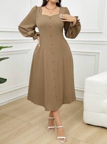 Mulvari Plus Size Ladies Spring Summer Solid Color Sweetheart Neck Long Sleeves Long Elegant Dress