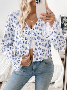 Chiquease Women's Random Floral Print Single Button Front Long Sleeve Casual Shirt - Blue and White - View 4