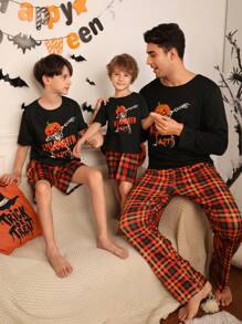 SHEIN Tween Boy Halloween Pumpkin Cartoon Print Short Sleeve Shorts Loose Casual Pajama Set, Daddy And Me Matching Outfits (3 Sets Sold Separately) - Black - View 1
