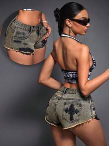SHEIN ICON Summer Fashion Cross Embroidered Distressed Frayed Hem Ultra-Short Denim Shorts