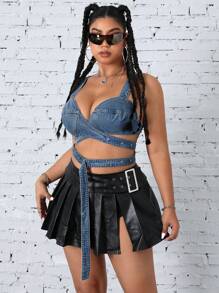 Áo crop top denim buộc chéo lưng cỡ lớn gợi cảm dành cho nữ cao bồi - Màu xanh lam - Xem 3