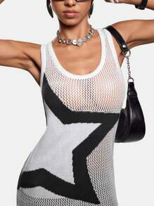 Umamao Estudio Artist Spring & Summer Casual Contrast Color Hollow-Out Star Pattern Knit Sweater Vest, For Holiday, Vacation, Festival, Ibiza Fits - Black and White - View 2