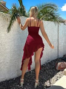 Sweetina Summer Vacation Solid Color Draped Neck Floral Decor Ruffle Asymmetric Hem Spaghetti Strap Dress