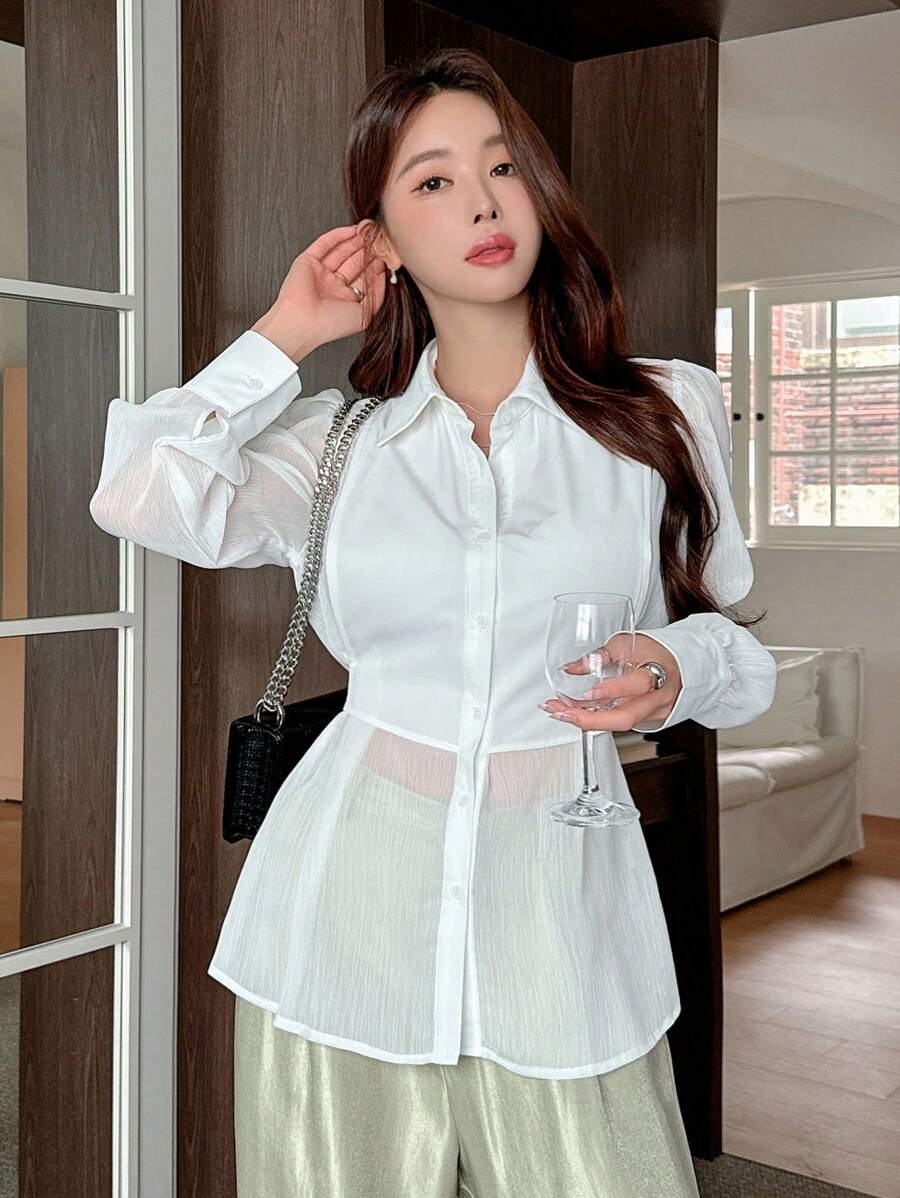 DAZY Áo sơ mi tay dài cài nút rộng rãi thanh lịch quyến rũ cho nữ - trắng - Xem 1