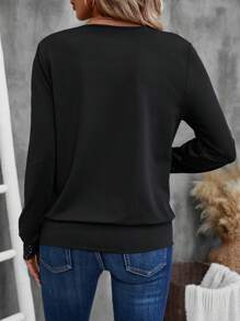 EMERY ROSE Women's Sparkly Printed Long Sleeve Crew Neck Sweatshirt, Spring And Autumn Fall Sweatshirts Fall Women Clothes - Black - View 2