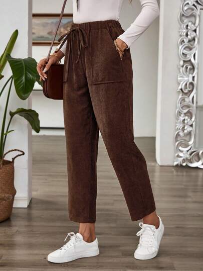 EMERY ROSE Damer Casual elastisk midja manchester byxor med raka ben, höst