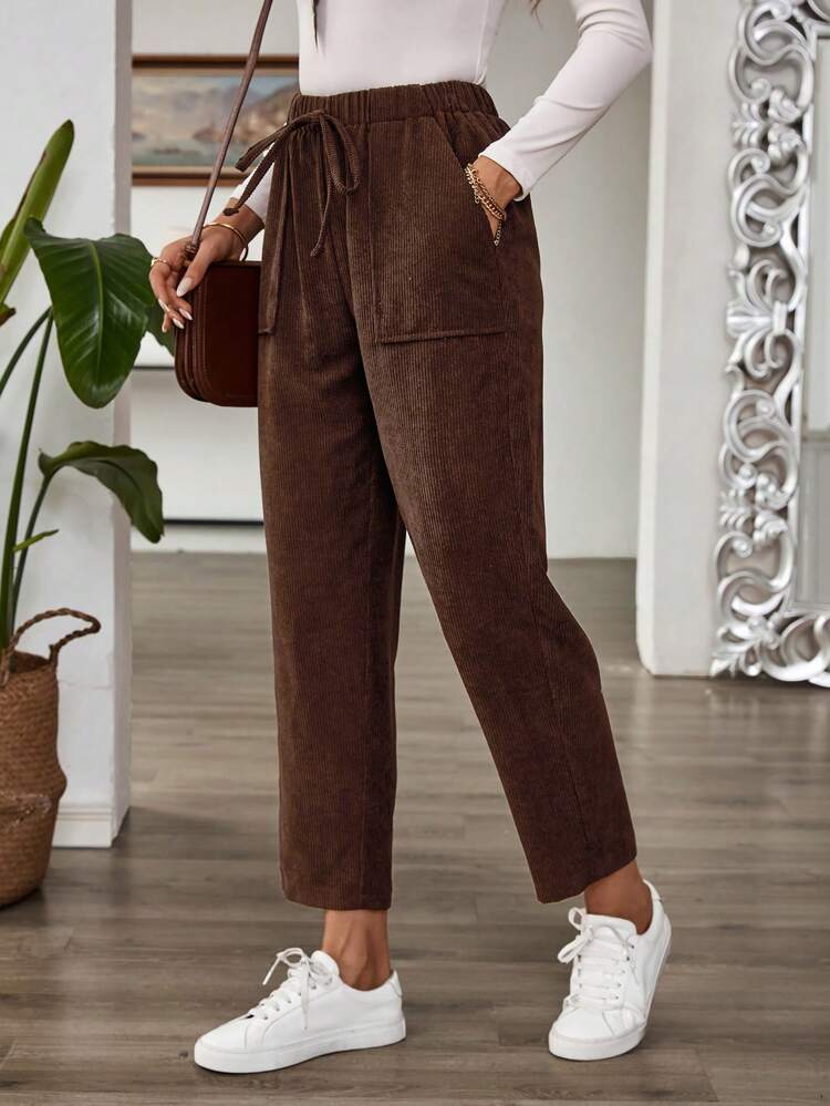 Women's Casual Elastic Waist Corduroy Straight Leg Pants, Autumn Fall Pants Baggy Women Pants