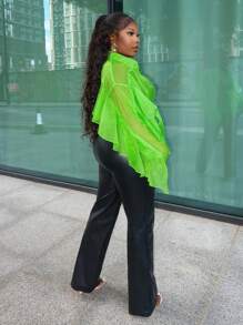 Slaydiva Camisa de mujer semitransparente de manga larga, de chifón, color verde fluorescente, con cuello con solapas, tirantes y decoración de volantes, elegante y casual