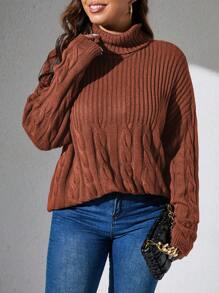Plus Size Solid Color Casual Turtleneck Long Sleeve Fall Sweater, For Winter Knit Pullover - Redwood - View 3