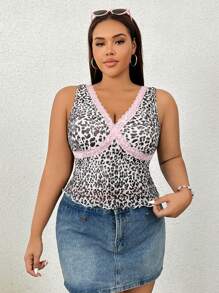 SHEIN EZwear Plus Size Leopard Print Mesh Lace Trim Cami - Brown - View 7