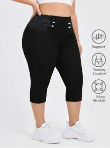 Quần jean Capri dệt kim co giãn, cạp chun cỡ lớn, độ đàn hồi cao, ôm sát, kiểm soát bụng - màu đen - Xem 1