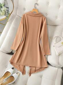 SHEIN Clasi Plus Size Casual Solid Color Waterfall Collar Fringe Decoration Woolen Jacket, Autumn/Winter - Khaki - View 2