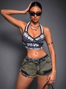 SHEIN ICON Summer Fashion Cross Embroidered Distressed Frayed Hem Ultra-Short Denim Shorts