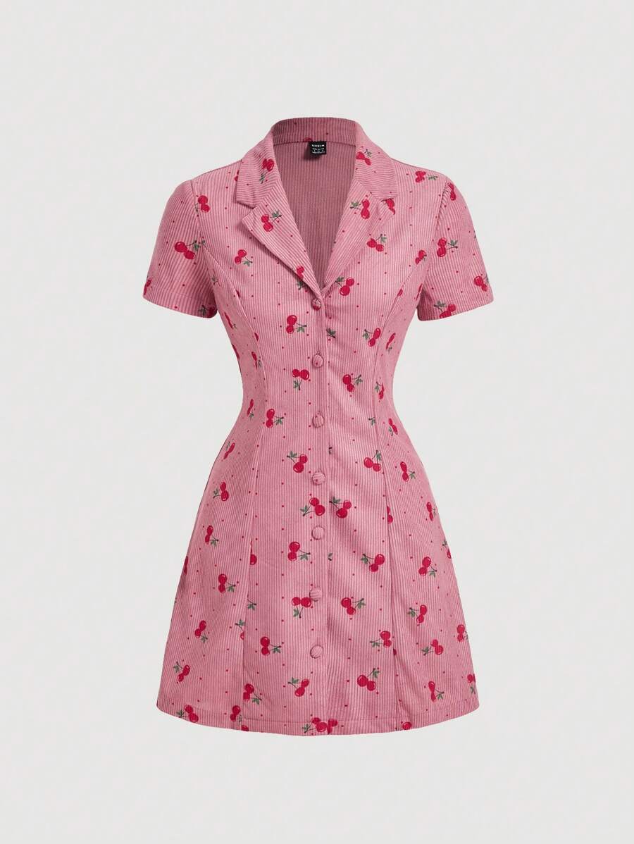 SHEIN MOD 灯芯绒翻领樱花印花公主线短袖衬衫裙，春夏 - 藕粉色 - 查看 1